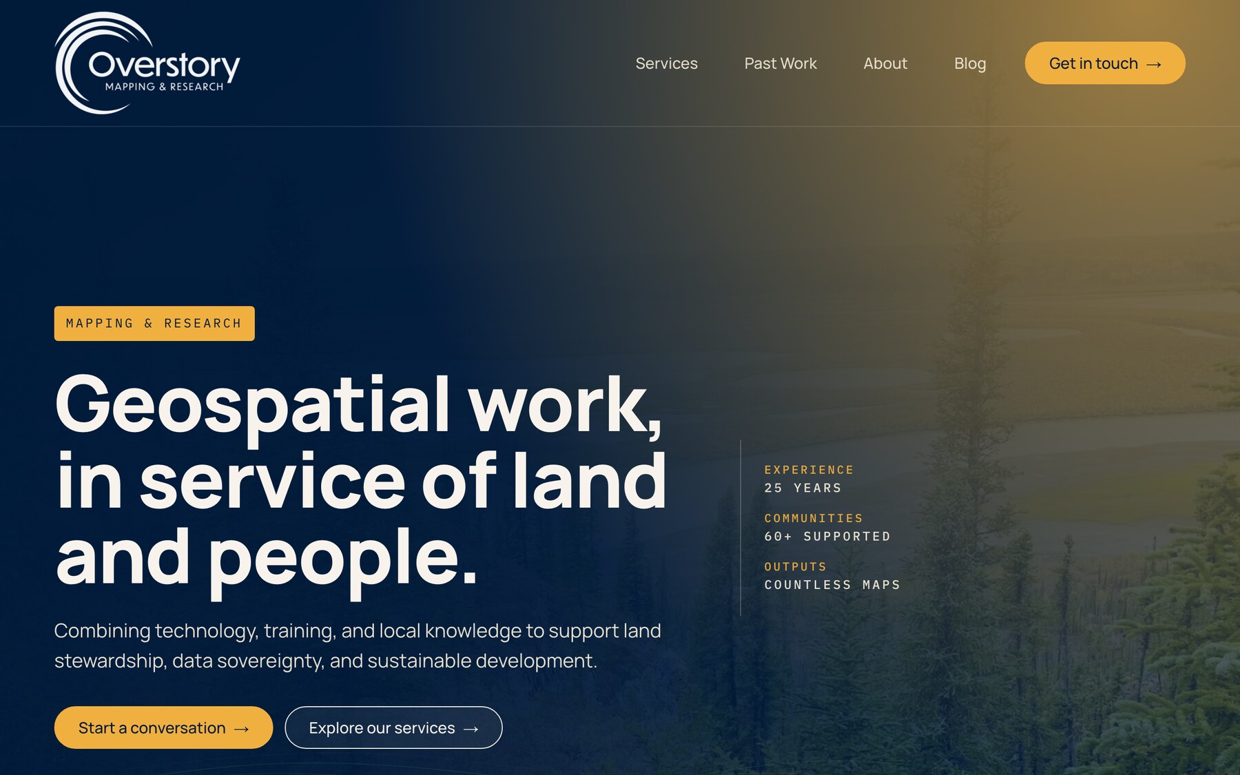 The Overstory Mapping site — deep navy hero, 'Geospatial work, in service of land and people'